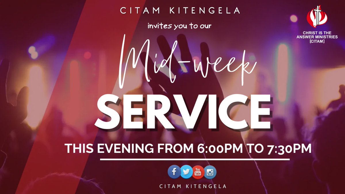 CitamKitengela's tweet photo. This is the day the Lord has made; We will rejoice and be glad in it.
Join us today for our Midweek prayer service, which will be from 6:00 p.m. to 7:30 p.m. Karibuni sana, and see you all in the evening.

#citamkitengela
#midweekprayerservice
#InHisPresence https://t.co/FXKq5i2qct
