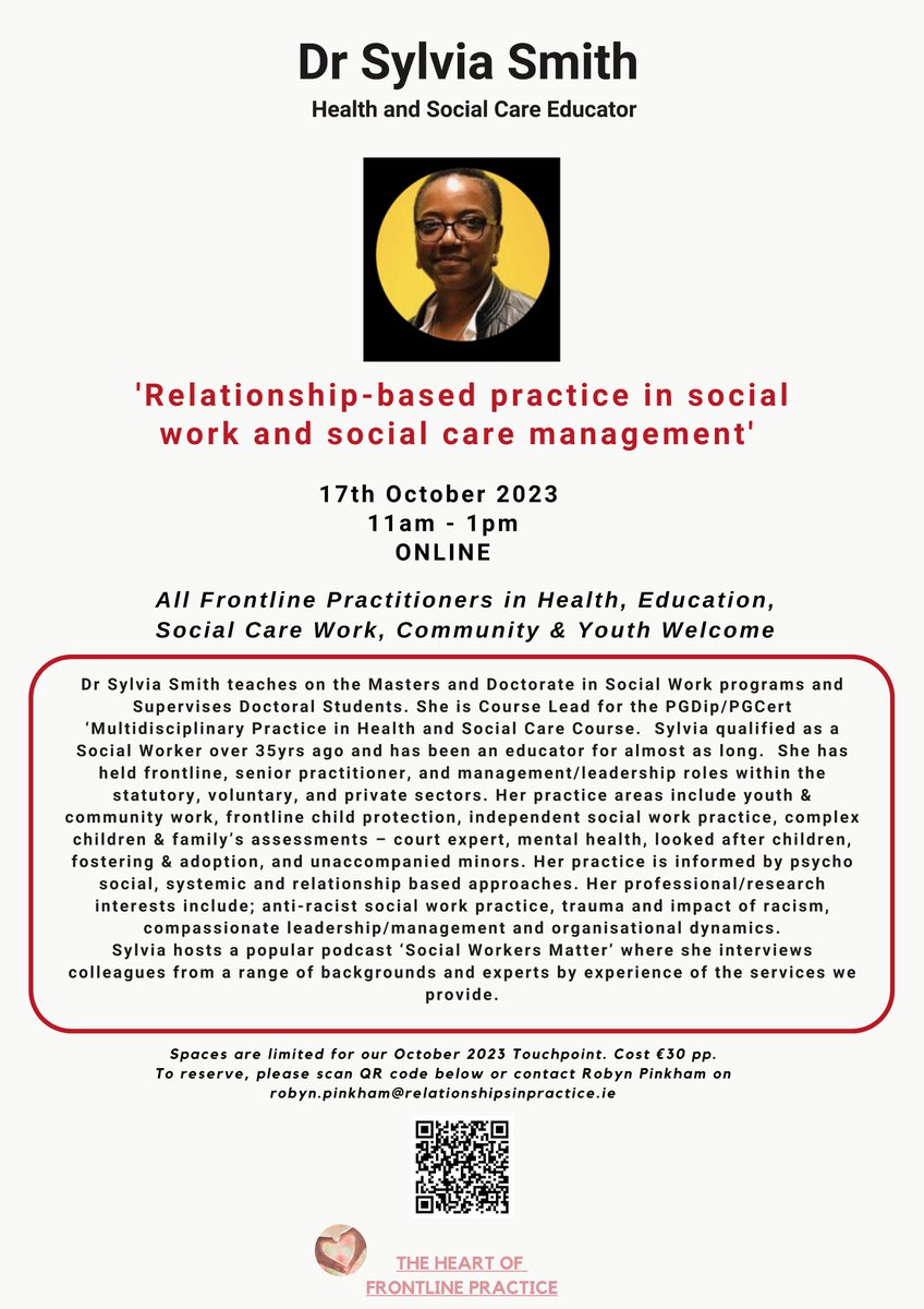 Our final #touchpoint of the year will be held on the 17th of October! Dr Sylvia Smith will facilitate an online session surrounding her experience in #health and #social_care: 'Relationship-Based Practice in Social Work and Social Care Management'. tinyurl.com/bp8scn4n