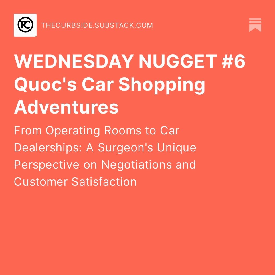 New Wednesday Nugget: our own <a href="/qdtrinh/">Quoc-Dien Trinh, MD, MBA</a> dives deep into shopping for a used <a href="/Tesla/">Tesla</a> with <a href="/Venkatmr99/">Venkat Ramakrishnan</a> 🚘💡

thecurbside.substack.com/p/wednesday-nu…
