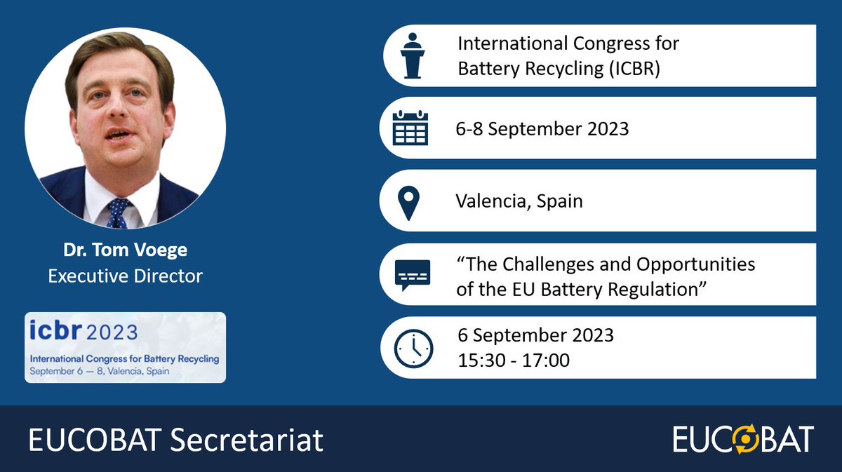 In September <a href="/EUCOBAT/">EUCOBAT</a> Executive Director <a href="/Tom_Voege/">Dr. Tom Voege</a> will be speaking at #ICBR2023 the International Congress on Battery Recycling in Valencia in the Session on "The Challenges and Opportunities of the EU Battery Regulation"

📌 events.icm.ch/event/743ec9e5…