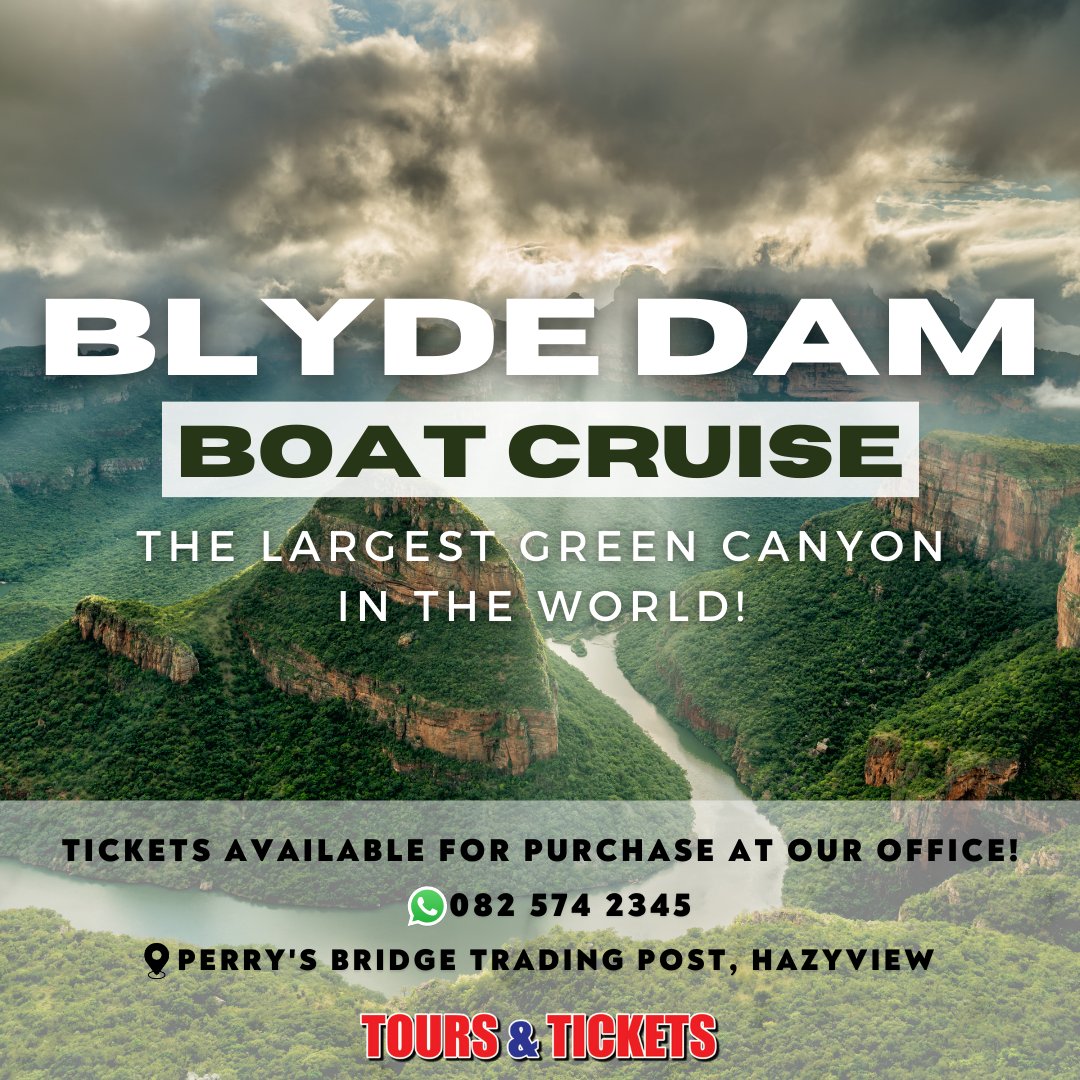 Join us on a relaxing cruise through the largest green canyon in the world! 
Tickets are available for purchase at our office! 
📌 Perry's Bridge Trading Post, Hazyview 
📞 082 574 2345  
 #tourstickets #blydedamboatcruise #blydedamboattrip #blyderivercanyon #discovermpumalanga