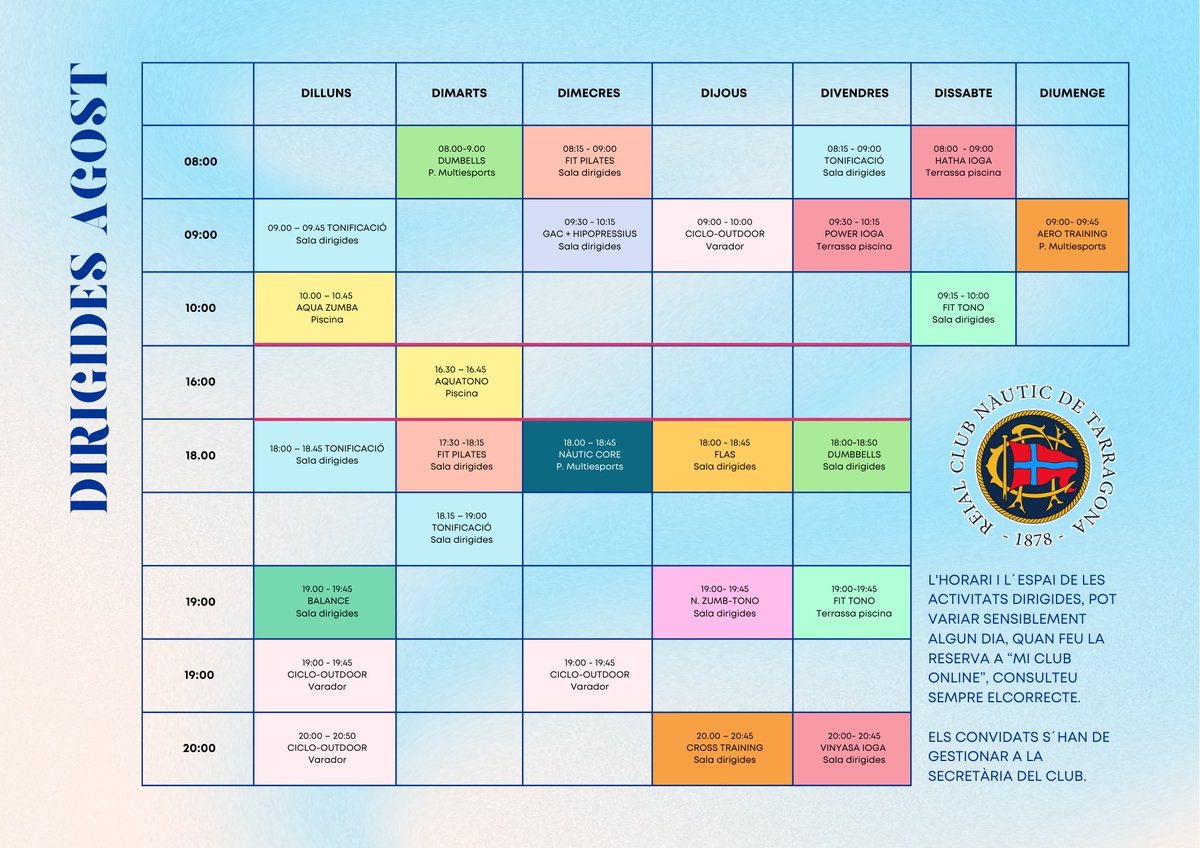 ☀️ Aquest mes d’agost canvia l’horari de les activitats dirigides.

Podeu preguntar i saber més informació a la secretaria del Club 🏋🏼‍♀️, no ho dubteu i aquest mes d'agost no deixeu de fer esport!

No us les perdeu! 🧘🏻‍♀️

#rcntarragona #rcnteam #esportcatala #nàutic #mar #esport