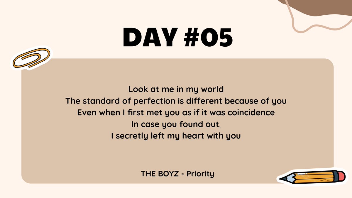 🎶 [ LYRICAL ] : DAY #05
- priority -  

🎵 i secretly left my heart with you

Feel free to tag us in your works inspired by today's lyrics! We're excited to see what you've written~💗
