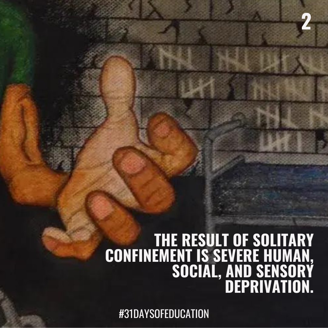 Day 2: Solitary confinement inflicts immense suffering and causes people to deteriorate mentally, physically, and socially.

Text ENDTORTURE to your local legislators on 52886 now to help #endsolitaryconfinement

#31daysofeducation