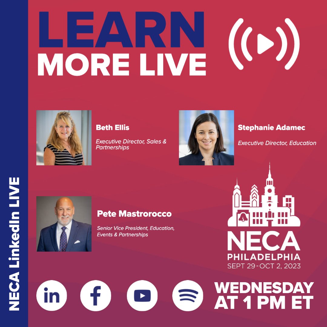 Today, we'll be live at 1 PM ET on our Facebook &amp; LinkedIn pages with NECA's expert team to talk about the upcoming 2023 NECA Convention &amp; Trade Show

Tune in for a discussion on what attendees can expect at #NECAPhilly23, including over 80 innovative education sessions 📚