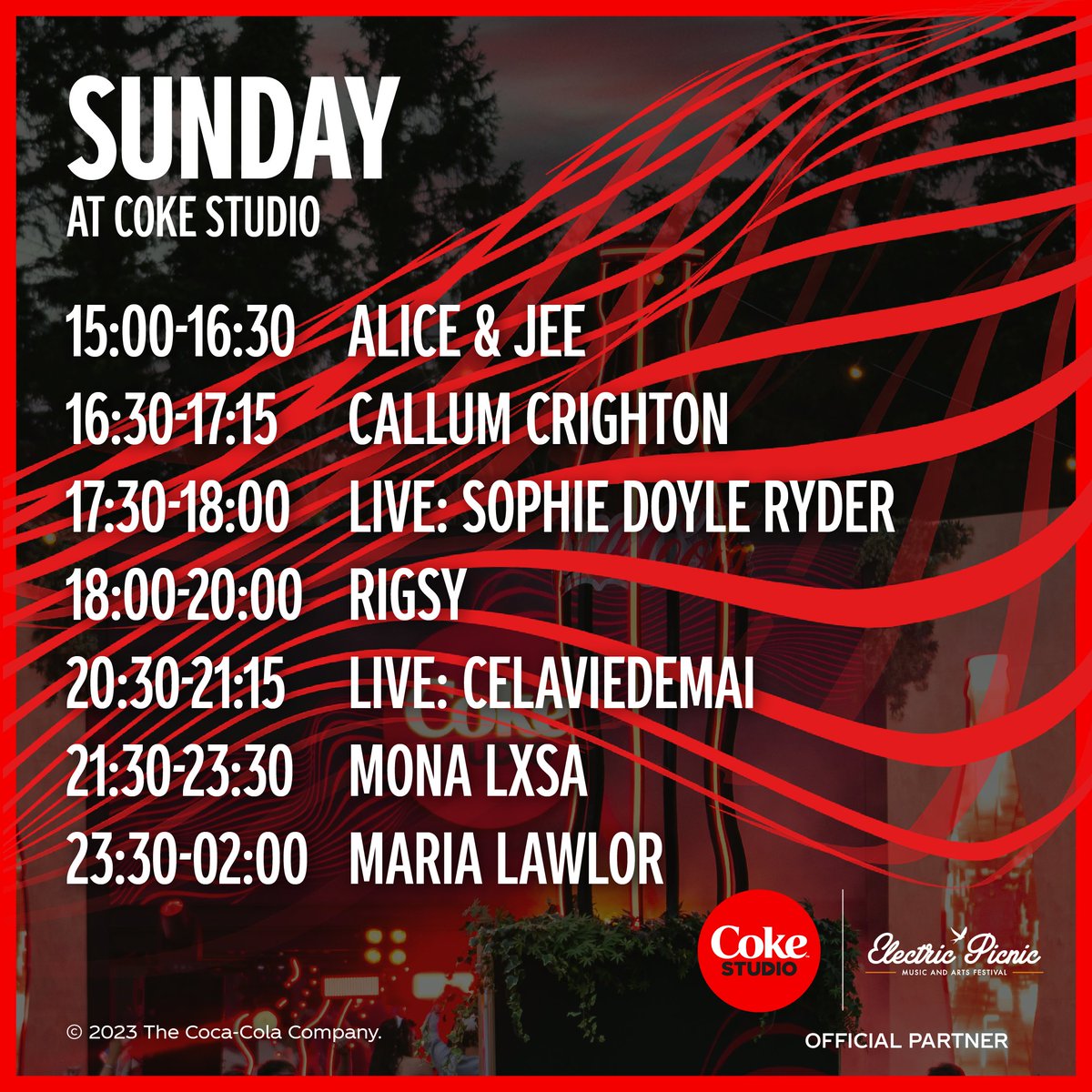 Coca-Cola is back at Electric Picnic 🎪✨ Who’s ready for the Coke Studio line-up?! Don’t miss a thing! 🥳🎉 *Line-up and stage times subject to change @cocacolaie @EPfestival