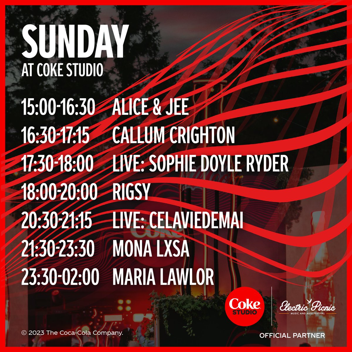Coca-Cola Ireland (@cocacolaie) on Twitter photo Coca-Cola is back at Electric Picnic 🎪✨ Who’s ready for the Coke Studio line-up?! Don’t miss a thing! 🥳🎉
*Line-up and stage times subject to change
<a href="/cocacolaie/">Coca-Cola Ireland</a> <a href="/EPfestival/">Electric Picnic</a> Coca-Cola is back at Electric Picnic 🎪✨ Who’s ready for the Coke Studio line-up?! Don’t miss a thing! 🥳🎉
*Line-up and stage times subject to change
<a href="/cocacolaie/">Coca-Cola Ireland</a> <a href="/EPfestival/">Electric Picnic</a>