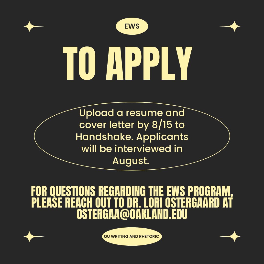 OUWRT's tweet photo. Are you a writing student looking for an employment opportunity on campus? The EWS position may be the perfect fit for you! 💛
#writing #college #undergraduate #oaklanduniversity #writingcommunity #ou #oakland #writingandrhetoric #ews #collegewriting #firstyearwriting #teacher https://t.co/3ZjNWqubbT