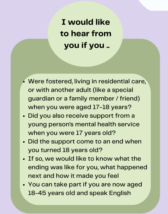Rebeccatrainee's tweet photo. ✨Moving On - Care Experienced Adult Study✨

We have broadened out my study to understand what happened when a Child Looked After approached 18 years old and they were open to a Child / YP mental health support service  

Please email me: b1225552@live.tees.ac.uk for more info😊 https://t.co/s6yQ4F9i7b