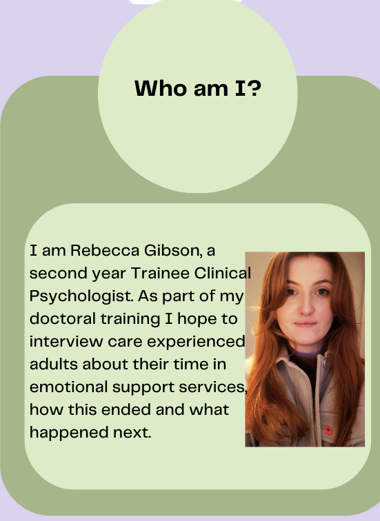 Rebeccatrainee's tweet photo. ✨Moving On - Care Experienced Adult Study✨

We have broadened out my study to understand what happened when a Child Looked After approached 18 years old and they were open to a Child / YP mental health support service  

Please email me: b1225552@live.tees.ac.uk for more info😊 https://t.co/s6yQ4F9i7b