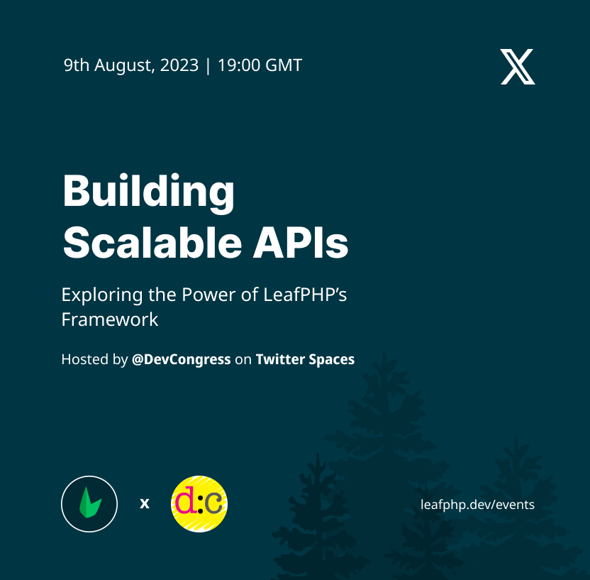 leafphp's tweet photo. Elevate your API game with expert insights! ๐๐
Join us for a Twitter space hosted by @DevCongress "Building Scalable APIs with LeafPHP's Framework - Unleash Scalability and Efficiency."
Don't miss this opportunity to accelerate your development journey! #LeafPHP #spaces https://t.co/Z0ww9jhM2B