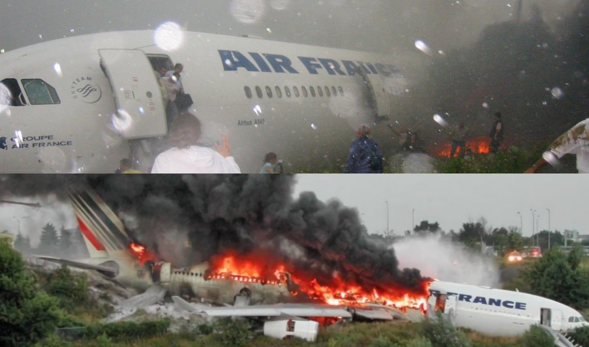 AirCrash_'s tweet photo. 🗓 | 𝗢𝗻 𝗧𝗵𝗶𝘀 𝗗𝗮𝘆 (𝟮𝟬𝟬𝟱): Air France Flight 358 overruns the runway while landing at Toronto after multiple pilot errors, crashing into a ravine. All 309 on board survive despite the plane being destroyed, with the flight attendants praised for their quick evacuation. https://t.co/1e50Xdgibe