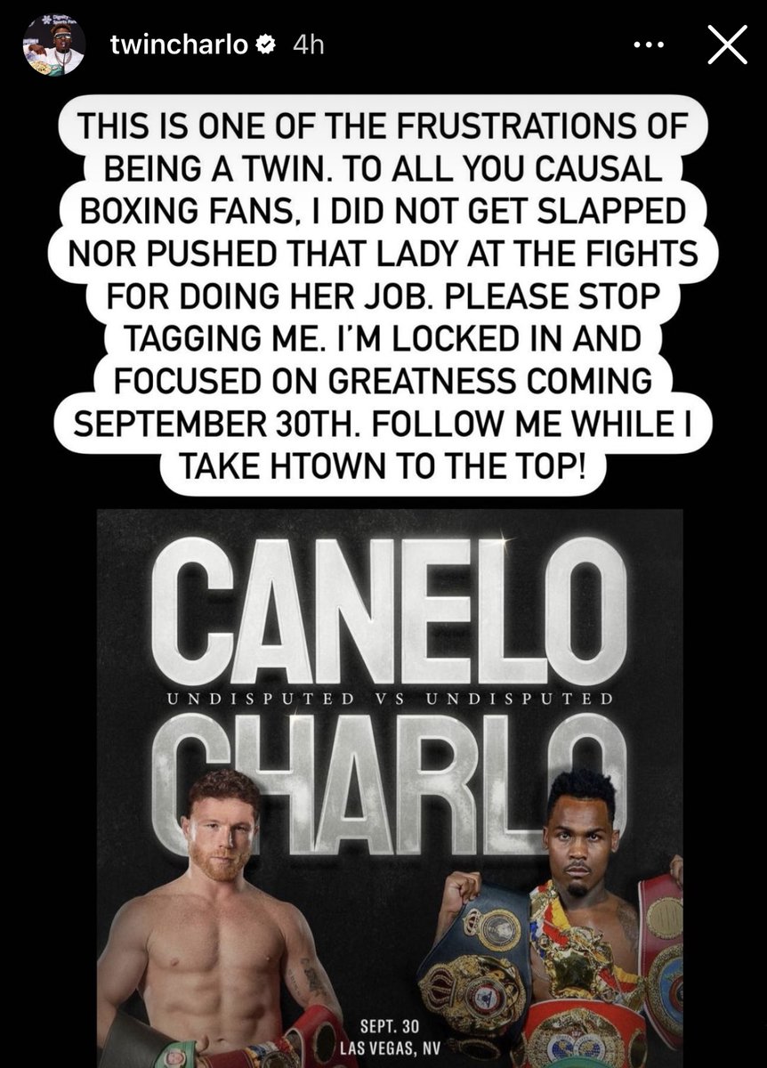 ringmagazine's tweet image. ‼️ Jermell Charlo on Instagram today expressing his frustrations about being confused with his twin brother Jermall Charlo after his recent controversies: "I did not get slapped, nor pushed that lady at the fight for doing her job."