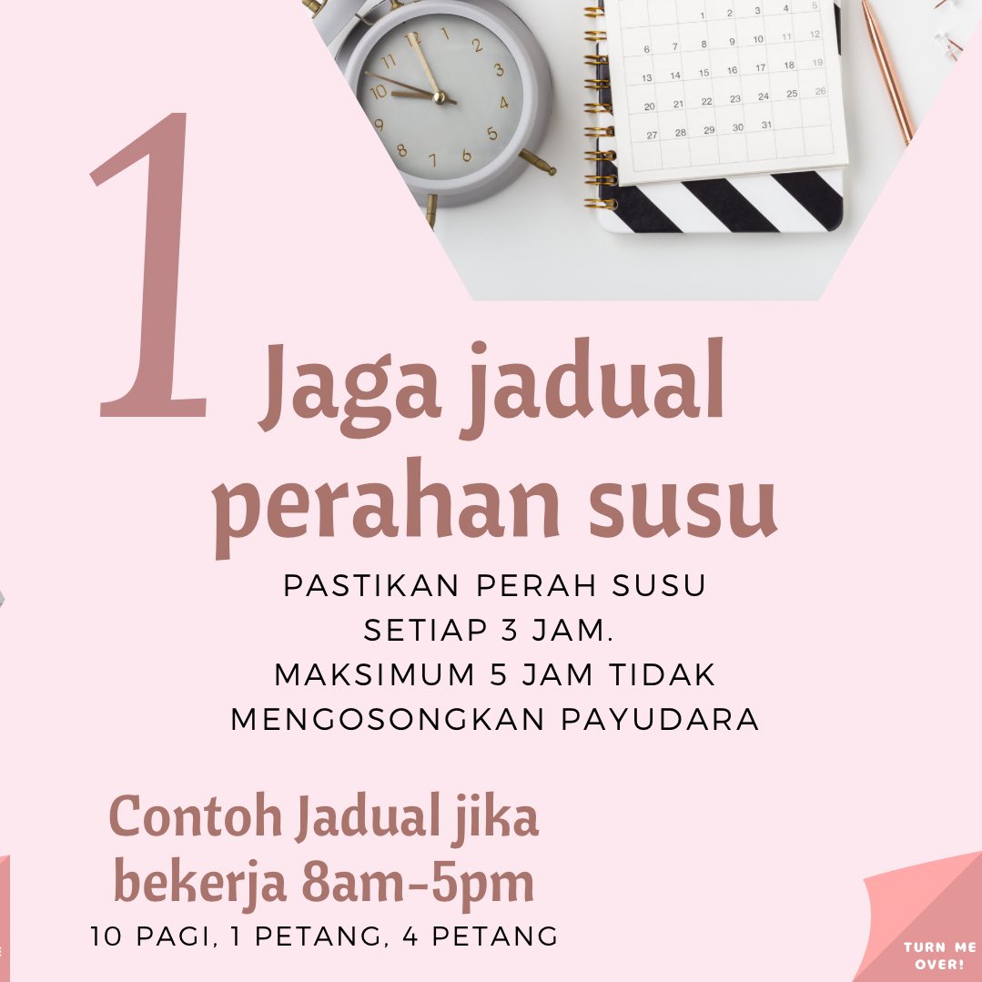 MedTweetMYHQ's tweet photo. Tema Sambutan Penyusuan Susu Ibu Sedunia tahun 2023 adalah “Mengupayakan Penyusuan Susu Ibu, Perubahan Bermakna Untuk Ibubapa Bekerjaya”

Di sini saya ingin kongsikan 7 tips menjayakan penyusuan susu ibu bagi wanita bekerjaya.

1. Jaga jadual perahan susu 🕰️
Ini adalah perkara paling penting! Pastikan ibu pam susu setiap 3 jam. 
Kekerapan pam susu lebih penting dari durasi. Kita mahu menyerupai pola minum bayi yang minum susu dengan kerap.