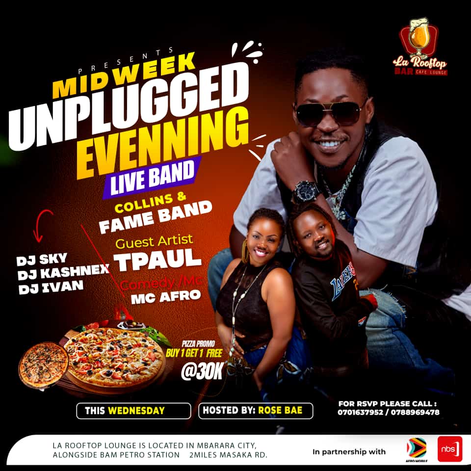 ShowbizUganda's tweet photo. Tonight tuli waweeru ku @larooftoplounge Mbarara, fall in party people. We are doing it with @tpaul256 and @thefameband #MidWeekUnpluggedEvening  @reshbacker https://t.co/6Vb3GfqTij