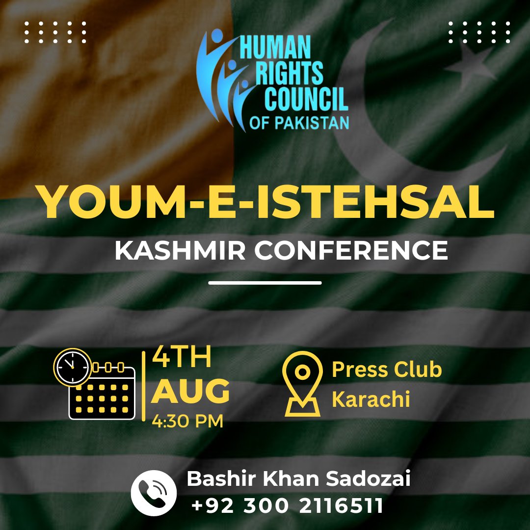 HRCPakistan's tweet image. Standing in solidarity on Youm-e-Istehsal, a powerful conference on Kashmir sheds light on the ongoing struggle. Together, let&apos;s raise our voices for peace, justice, and freedom in the region.  

#youmeistehsal #kashmirconference #unityforjustice