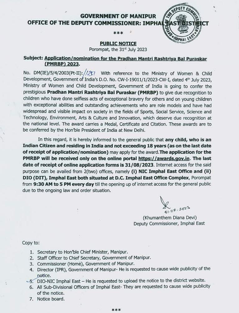 EastImphal's tweet photo. Public notice regarding application/nomination for the Pradhan Mantri Rastriya Bal Puraskar (PMRBP) 2023 https://t.co/sVwG0gBCNF