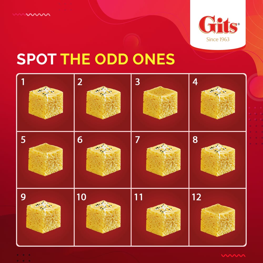 Gitsfood's tweet image. They all taste delicious but 3 odd ones are missing something. 🤔

Zoom in to spot the odd blocks.  

👇Comment and let us know your answers below. 

#instantmixes #gitsfood #gits #foodie #madeinminutes #easytocook #dhokla #games #spotthedifference