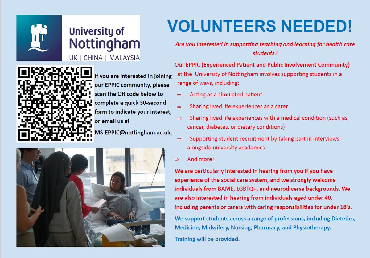 UoN_Clinical Skills (@uonskills) on Twitter photo We are looking for some new volunteers to join our current EPPIC (Experienced Patient and Public Involvement Community) at the University of Nottingham!
Please fill in this form to show your interest: forms.office.com/e/a5FN8cQk00. You can email us at MS-EPPIC@nottingham.ac.uk. We are looking for some new volunteers to join our current EPPIC (Experienced Patient and Public Involvement Community) at the University of Nottingham!
Please fill in this form to show your interest: forms.office.com/e/a5FN8cQk00. You can email us at MS-EPPIC@nottingham.ac.uk.