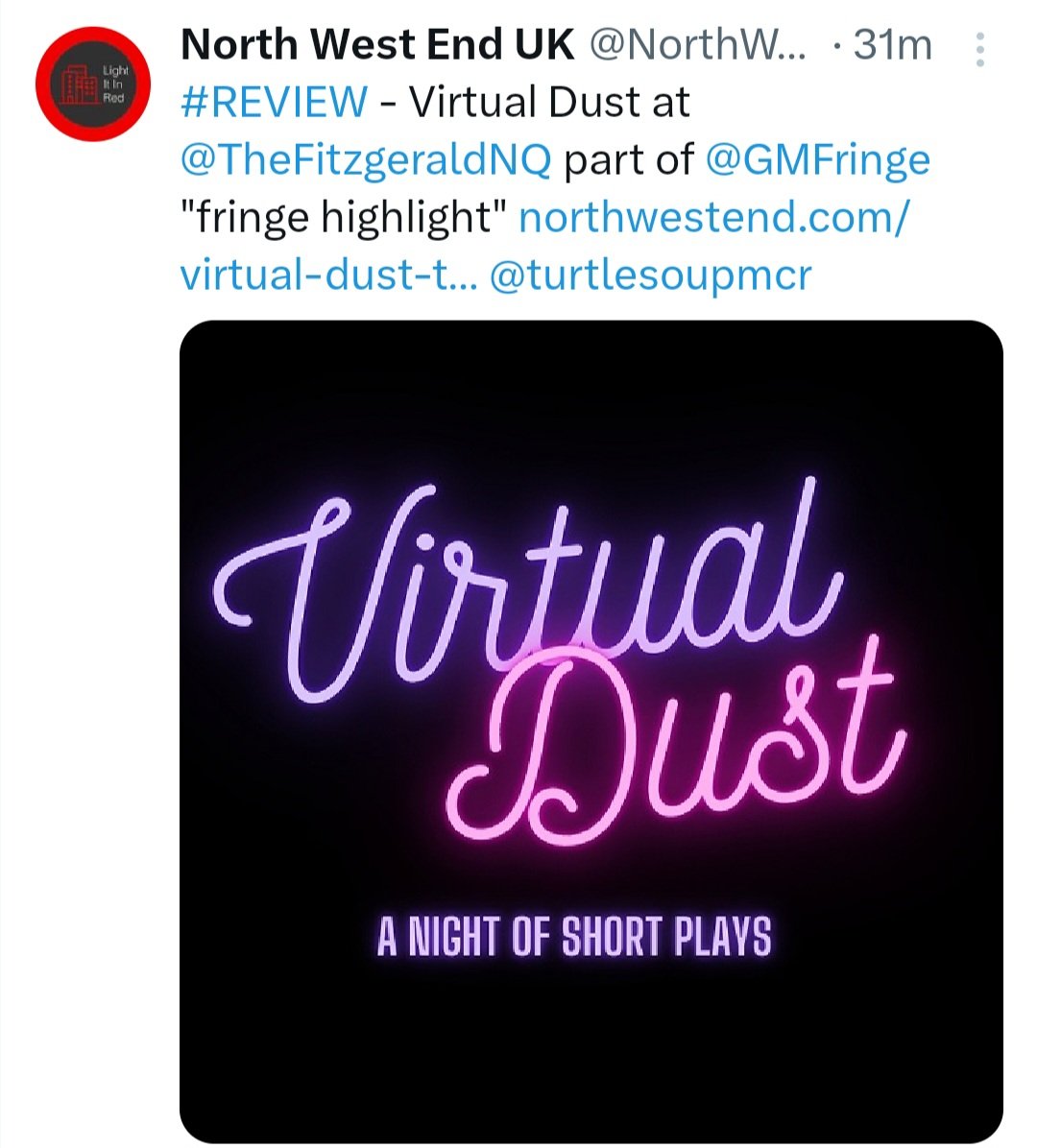 JuicyActingAnt's tweet photo. @turtlesoupmcr's #VirtualDust #GMFringe run is over but if you loved us and agree that we were a "Fringe Highlight" then please do vote for us. It would mean the world. Thanks 🥰😘 
https://t.co/aOLdeYGl8S https://t.co/I7lQ8nZVBf