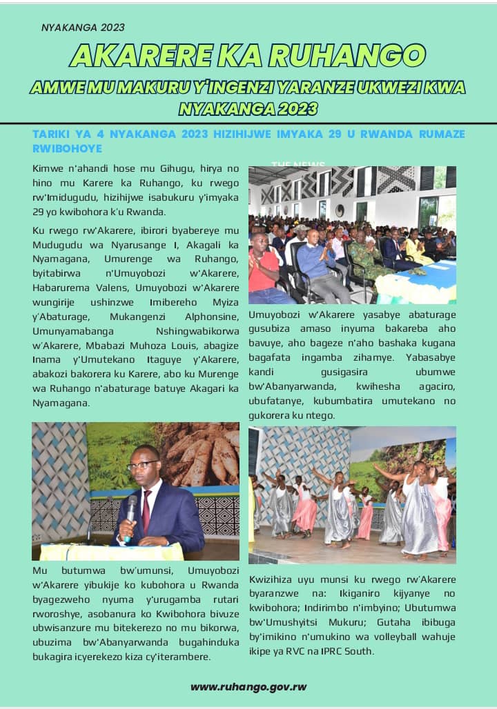 RuhangoDistrict's tweet photo. Mwiriwe? 
Tunejejwe no kubagezaho icyegeranyo cy'amwe mu makuru y'ingenzi yaranze Ukwezi kwa 7/2023. Kanda hano: 
👉https://t.co/hQtKeQSGnj https://t.co/mWm874nuqn