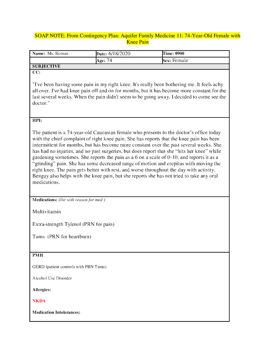 waanpeace32's tweet image. SOAP NOTE: From Contingency Plan: Aquifer Family Medicine 11: 74-Year-Old Female with Knee Pain | NSG6020_W6_A4_Carpenter (answered) #soapnote #familymedicine #fliwy 
fliwy.com/item/359969/so…