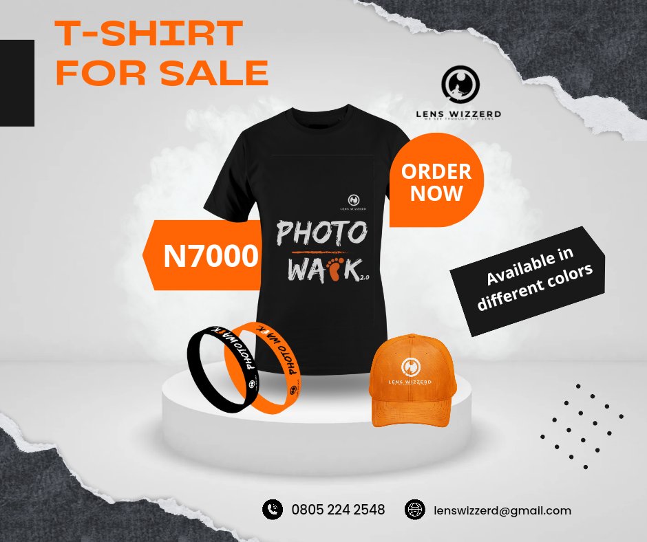 Lenswizzerd's tweet photo. We are thrilled to announce to y'all that @lenswizzerd now have T-shirt, Face Cap and wristband for sale for the upcoming photo walk 2.0, T-shirt, Face Cap, wristband are all available at 7,000 very affordable  they are available in different colours like black, white, and orange https://t.co/mbj3TFKaLc