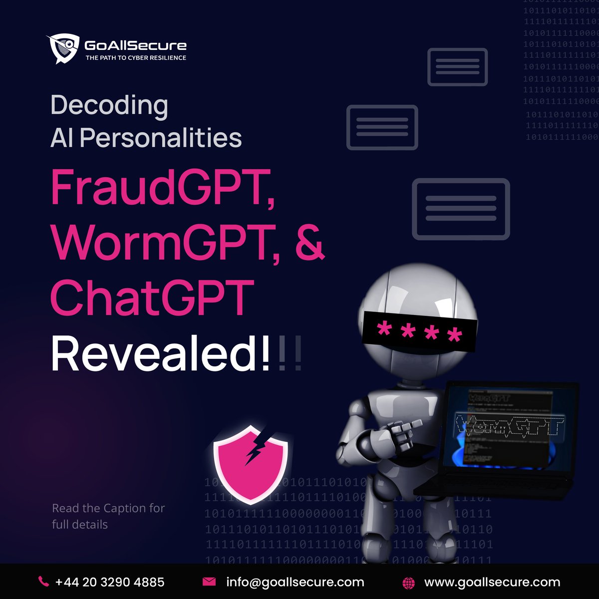 GoAllSecure's tweet photo. Our data is at risk as the use of AI is increasing. With #ChatGPT, malicious chatbots like #wormGPT &amp; #FraudGPT are attacking businesses. Stay aware of these dangers &amp; take key precautions to protect from threats.
Stay informed about chatbots and use AI effectively. 
#goallsecure https://t.co/4qLYdHUYml