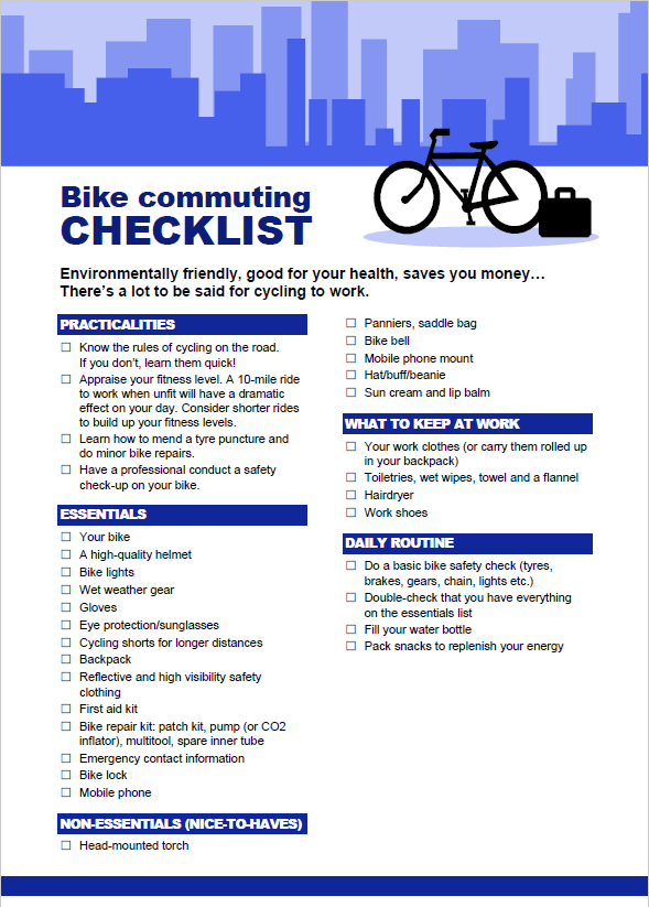 CYCLE TO WORK DAY TOMORROW!

Use the bike commuter checklist below to double check that you have all you need and know all you need to know. 

Don't forget to check the weather and dress appropriately. Happy riding! 🚲