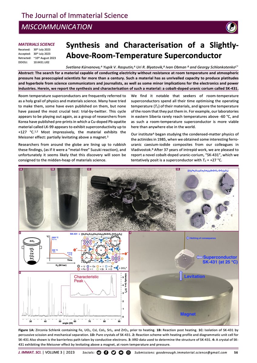 JImmatSci's tweet image. We report the first synthesis of a slightly-above-room-temperature superconductor: SK-431
PDF: jabde.com/wp-content/upl…