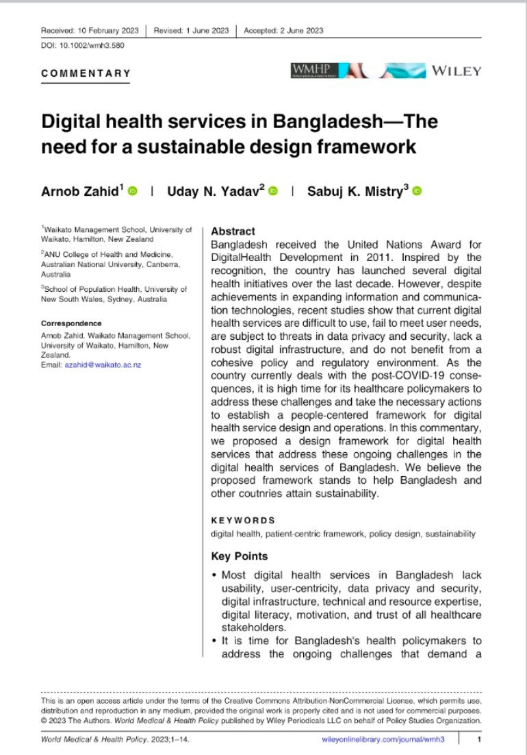 Sabuj Kanti Mistry, MPH, PhD (@sabujkantimist1) on Twitter photo Our paper presents a #framework for #sustainable and #effective #digital health service delivery for #Bangladesh
<a href="/UNSWMedicine/">UNSW Medicine & Health</a> <a href="/UNYadav_/">Uday Yadav</a>
doi.org/10.1002/wmh3.5⦠Our paper presents a #framework for #sustainable and #effective #digital health service delivery for #Bangladesh
<a href="/UNSWMedicine/">UNSW Medicine & Health</a> <a href="/UNYadav_/">Uday Yadav</a>
doi.org/10.1002/wmh3.5ā¦