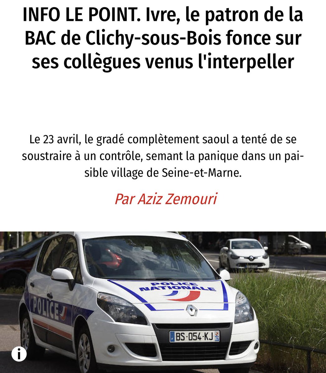 Je crois qu’on a tous loupé cette info exceptionnelle : 

Les policiers de la BAC patrouillaient dans les rues lorsqu’ils tombent nez à nez avec le véhicule de leur patron. Dans un premier temps, le gradé ivre cherche à fuir. La course-poursuite commence. Enfin acculé, il semble