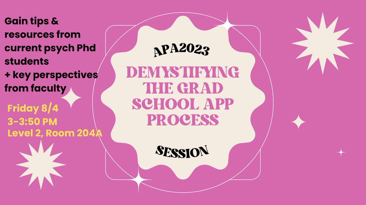 APA 2023 attendees: Save the session time: 8/4 at 3pm

Psychin' Out co-founder <a href="/arasrinagesh/">Aradhana Srinagesh, MPH, CHES 🌷</a> &amp; <a href="/LaurenGirouard1/">Lauren Girouard-Hallam, PhD</a> et al. will present on demystifying the #psychology grad school app process! Tune in for current student + faculty perspectives!

<a href="/apagradstudents/">APAGS</a> <a href="/APAconvention/">APA Convention</a>