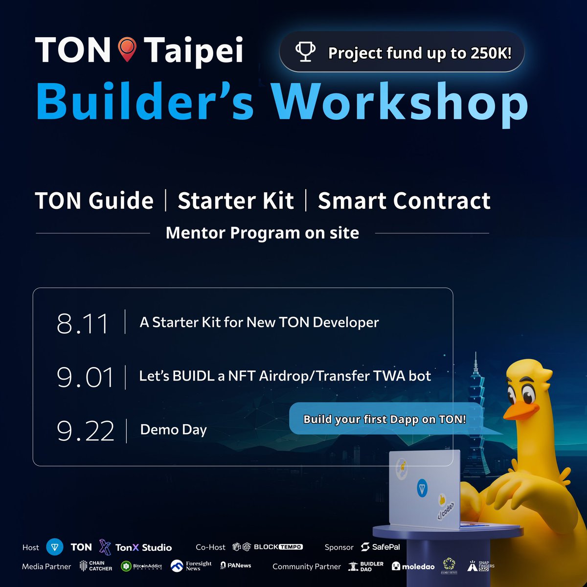 BlockTempo's tweet photo. 【TON📍Taipei ︱Builder’s Workshop💎】
🔥Project fund up to 250k!👇
https://t.co/m4Pcs0BA2U 

🔸Highlights:

1⃣TON ecosystem fund reaches up to $20M 🚀

2⃣Workshop accepts project submissions from the whole world🙌

3⃣Applicants can join the Builder’s TG Group💪

💎Projects can receive expert advice from @TonX_Studio and @ton_blockchain 

Let's Build on #TON  !

#BuildOnTON