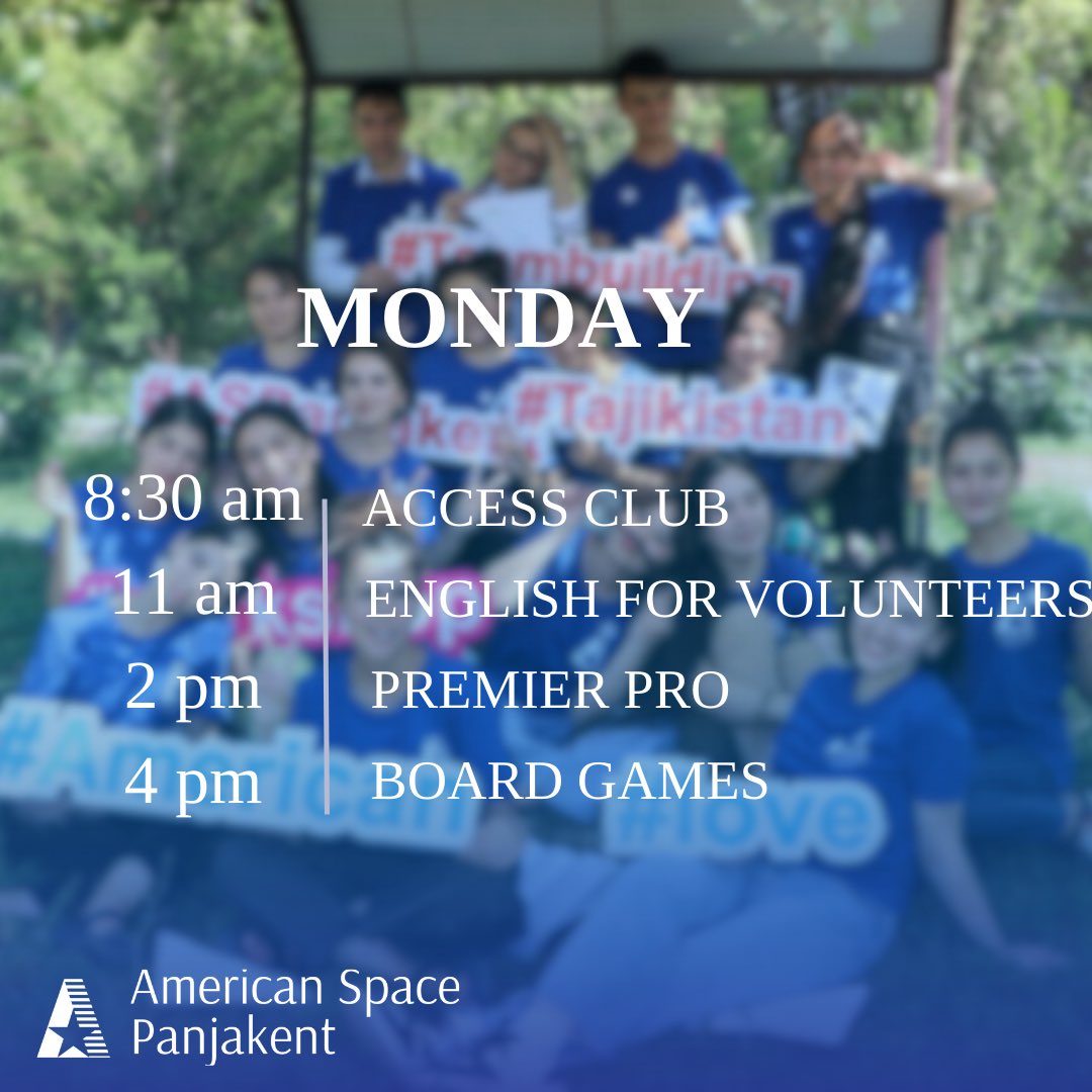 ASPanjakent's tweet photo. Greetings! 🤗

Glad to present you a new regular calendar of lessons at the American Space Panjakent.✨

This calendar is specially designed for you to help you plan your English studies.📚 https://t.co/7I7NTtvfE0