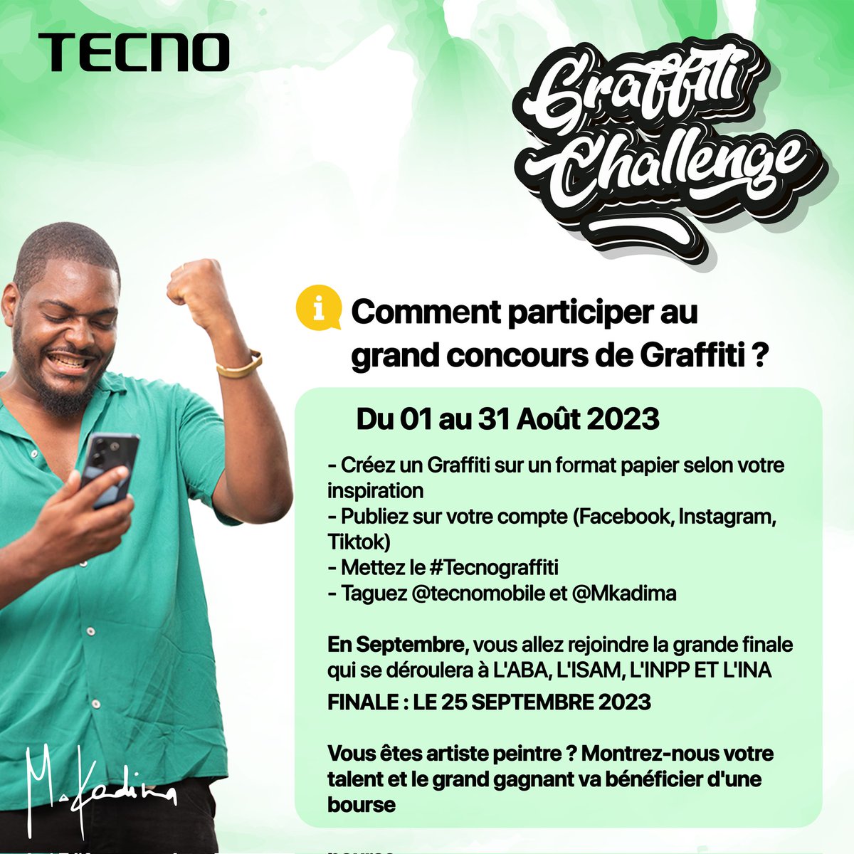 Les artistes, montrez-nous votre talent à travers le Graffiti challenge 🤩🤩🤩
Suivez les instructions ci-dessous 👇🏽 et tentez de gagner un prix.
<a href="/mkadimart/">MKADIMART</a> choisira les gagnants 🎉😍

#TECNO #graffiti #mkadima #RDC