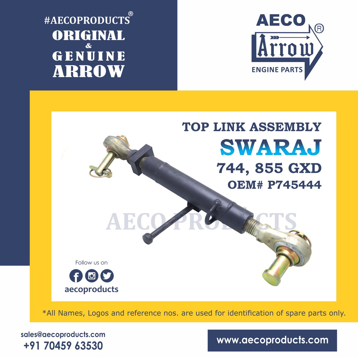 TOP LINK ASSEMBLY (WITH 2 PIN + 2 LINCH PIN ) SWARAJ 744, 855 GXD
OEM # P745444
AGRA ENGINEERING CO. (AECO)
aecoproducts.com 
+91 70459 63530
#aecoproducts #swaraj #linkassy #linkpart #swarajparts #indianmanufacturer #sparepartsmanufacturer #agraengineering #arrowagra