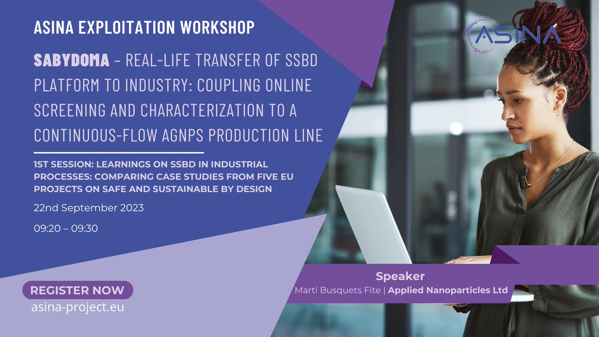 🔬💼 Exciting insights await at #ASINA Exploitation Workshop! 🌟 Join Marti Busquets Fite as he shares <a href="/sabydoma/">SABYDOMA</a>'s real-life transfer of SSbD platform to industry, coupling ONLINE screening &amp; AgNPs production. #nanotechnology
bit.ly/3OhLqTR <a href="/EUNanoSafety/">NSC Community (former EUNanoSafety Cluster)</a>