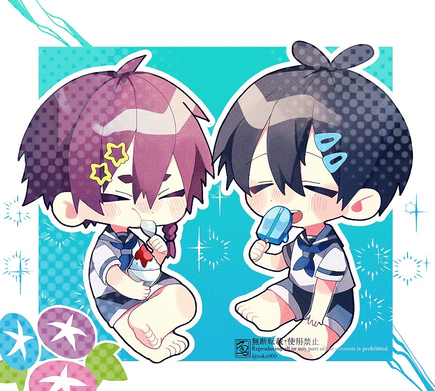 shaved ice multiple boys 2boys food closed eyes male focus eating  illustration images