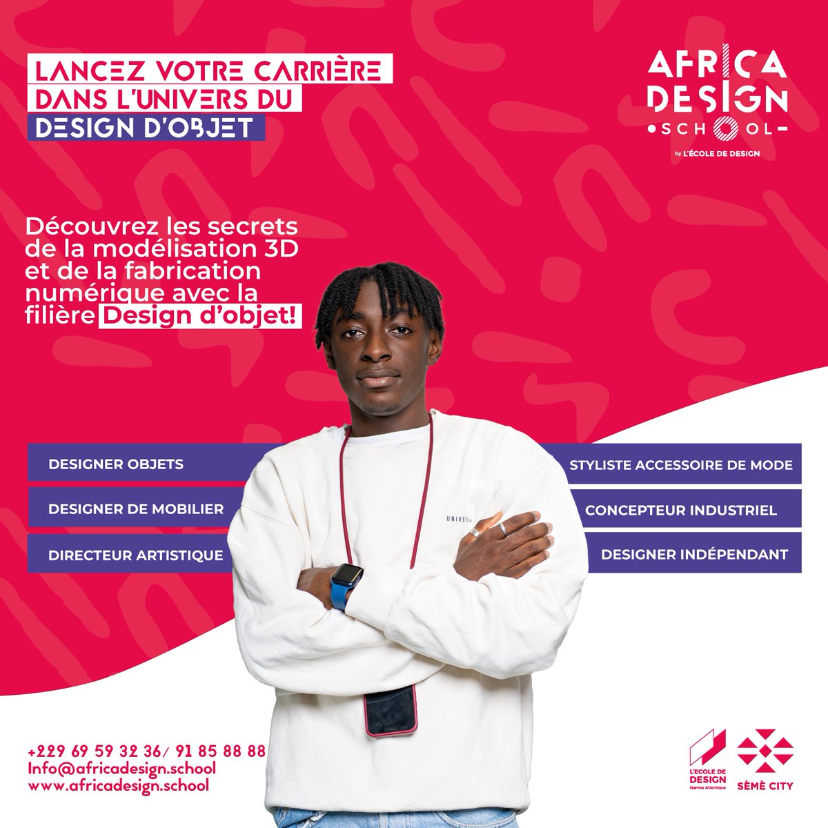 Découvrez le Design d'Objet, une filière pleine d'opportunités!
Apprenez les techniques avancées de conception en 3D pour donner vie à vos idées les plus audacieuses.
Inscription : bit.ly/45qEMkL 
#DesignObjet #Créativité #Opportunités #Inscription #AfricaDesignSchool