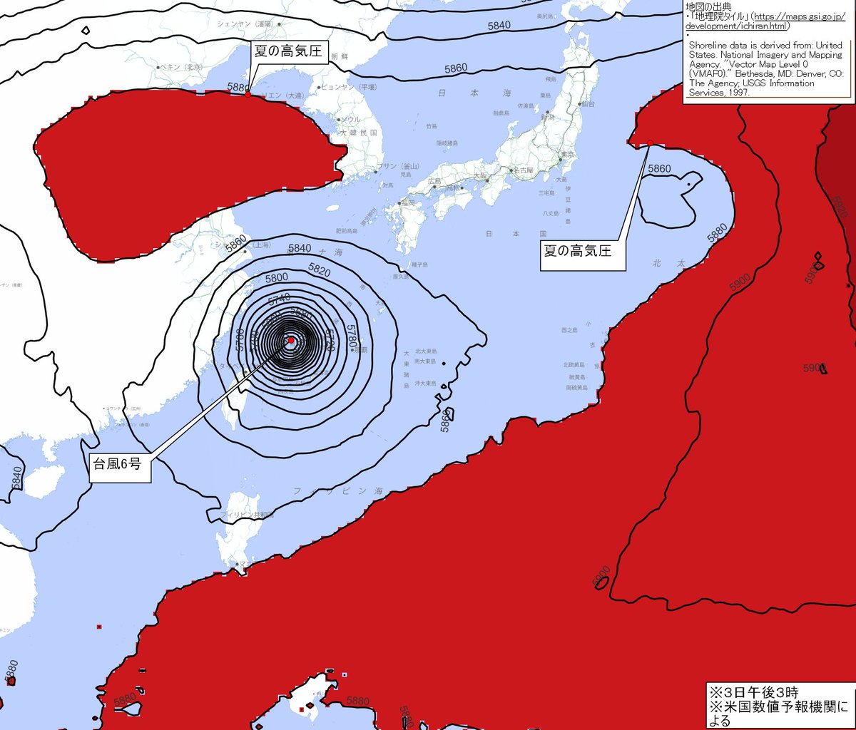 weather_and_law's tweet photo. #台風6号　＃台風

【悲報】日本にさんざん張り出して猛暑をもたらした高気圧、途端に引っ込んで、日本付近への台風の通り道を開けてしまう https://t.co/2qFd7CcI4c