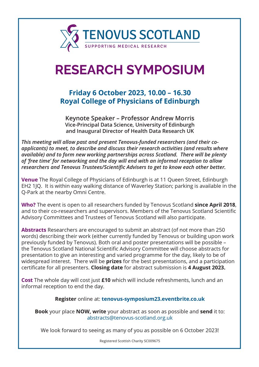 **FINAL REMINDER**
This is a quick final reminder that abstracts for possible inclusion in the Tenovus Scotland Research Symposium on 6 October 2023 must be received by this coming Friday, 4 August 2023. We look forward to reading your abstract very soon!