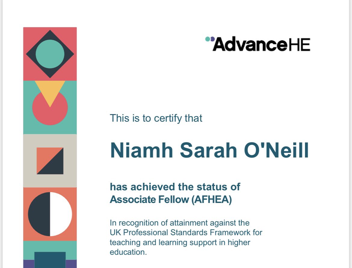 Niamh O’Neill (@niamhoneill125) on Twitter photo Delighted to have obtained status as an Associate Fellow <a href="/AdvanceHE/">Advance HE</a> in recognition of my teaching and learning activities in higher education.
Thank you to <a href="/alex_tonks/">Alex Tonks</a> for the support throughout! A great way to end my <a href="/CUBiosciences/">Cardiff University School of Biosciences</a> PTY. Excited to expand upon this 👩🎓📚#AFHEA Delighted to have obtained status as an Associate Fellow <a href="/AdvanceHE/">Advance HE</a> in recognition of my teaching and learning activities in higher education.
Thank you to <a href="/alex_tonks/">Alex Tonks</a> for the support throughout! A great way to end my <a href="/CUBiosciences/">Cardiff University School of Biosciences</a> PTY. Excited to expand upon this 👩🎓📚#AFHEA