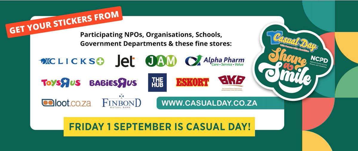 TheNCPDZA's tweet image. Casual Day is under 1 month away! Get your stickers for a donation of R20 from NPOs, organisations, schools and @Clicks_SA  @jet_fashion @jamclothingsa @alphapharmsa @ToysRUs_ZA @BabiesRUs_ZA #TheHUB @EskortFood @lootcoza @FinbondMBank  and casualday.co.za