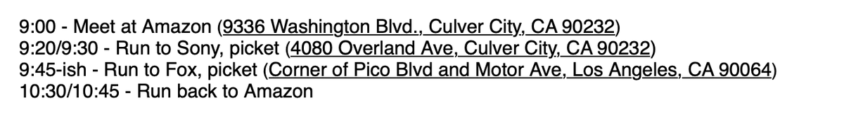 The #WGAStrike showRUNNERS are back this Thursday! We'll hit @AmazonStudios <a href="/SonyPictures/">Sony Pictures</a> <a href="/FoxStudioLot/">FOX Studio Lot</a>. One thing we never hit: THE WALL. B/c its hot we'll leave <a href="/amazon/">Amazon</a> a bit earlier. Heres the schedule - join us for a fun relaxed 7-8 miles! <a href="/WGAWest/">Writers Guild of America West</a> @WGAPerspective @jameyjean