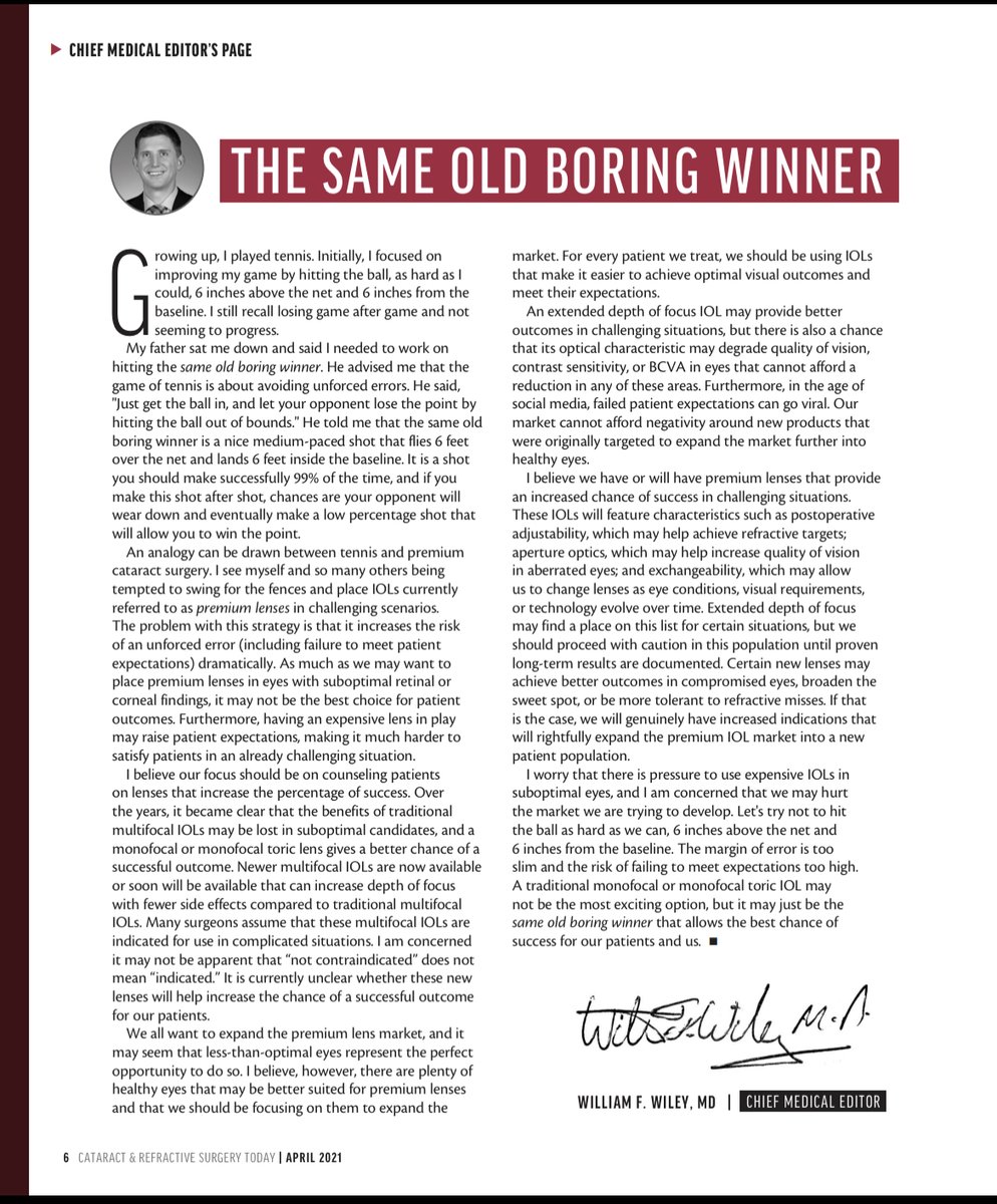 William Wiley (@wiley2020) on Twitter photo Recently I was reminded of trying not to get too fancy with a surgical solution. Often the easiest approach is the best approach for all involved. Figured I’d dig up one of my old editorials from <a href="/CRSToday/">Cataract & Refractive Surgery Today</a> and re-share this philosophy. Recently I was reminded of trying not to get too fancy with a surgical solution. Often the easiest approach is the best approach for all involved. Figured I’d dig up one of my old editorials from <a href="/CRSToday/">Cataract & Refractive Surgery Today</a> and re-share this philosophy.