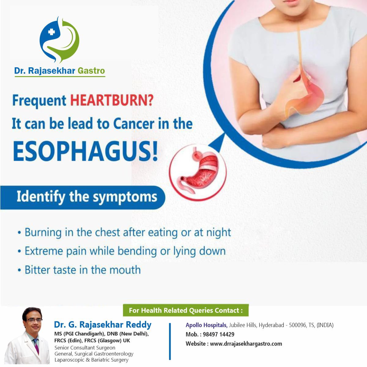 Frequent heartbun?

It can be lead to cancer in the esophagus!

#drgrajasekhar #rajasekharreddy #Esophagus #symptoms #heartburn #bittertaste #pilestreatment #hyderabad #gastropost #gastrosurg #gallbladder #gallbladdersurgery #gallbladderproblems #herniasurgery #hernia