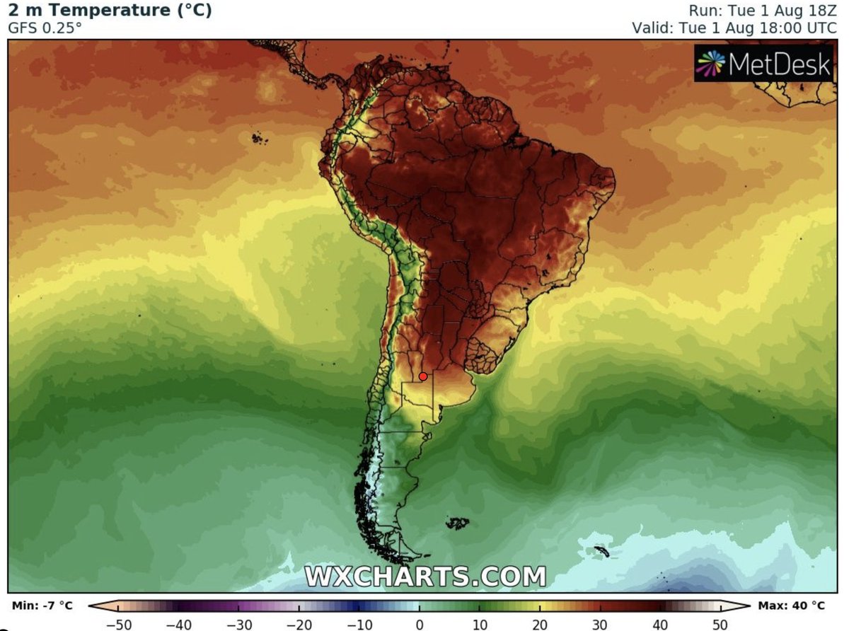 🌎 Así se veía América del Sur ayer 1ro de agosto a las 18hs. El mapa refleja cómo era la variación de la temperatura del aire a 2 metros sobre la superficie. Más anaranjados y rojos = mayor temperatura

Así se ve el cambio climático antropogénico

Fuente: <a href="/wxcharts/">WXCharts - a MetDesk Company</a> <a href="/metdesk/">MetDesk</a>