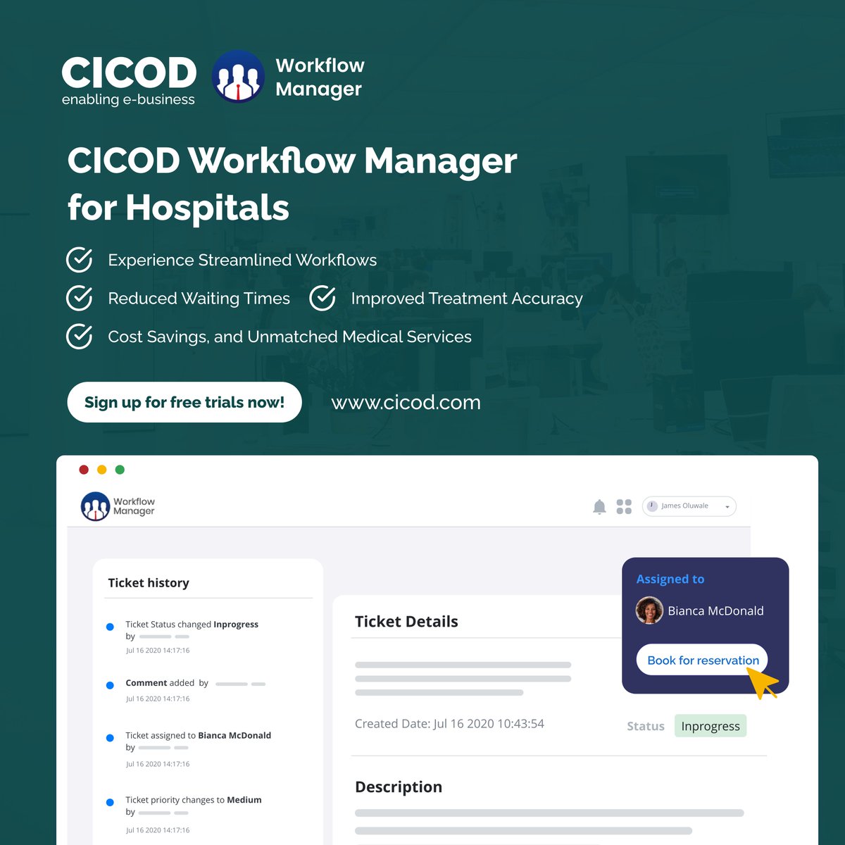 Streamline hospital operations with CICOD's Workflow Manager! 🏥 

#CICOD #HealthcareEfficiency #HospitalAutomation  #MedicalTechnology #HealthTech #HealthcareInnovation #WorkflowOptimization #HospitalManagement #PatientCare #DigitalTransformation