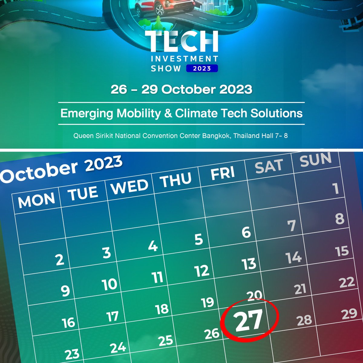 TIS2023TH's tweet image. 🚀 Get ready for the #TechInvestmentShow2023: Emerging Mobility &amp;amp; Climate Tech Solutions! A 4-day event from October 26th to 29th, 2023, with exciting themes each day.

Let&apos;s sneak a peek at what&apos;s happening on the second day! 👀

#EVsoftware #Emobility #EVcharging